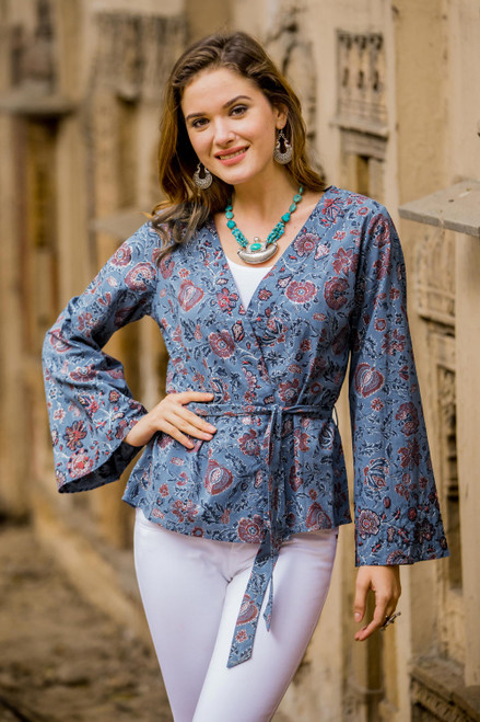Floral Printed Cotton Jacket in Cerulean from India 'Garden Bliss'