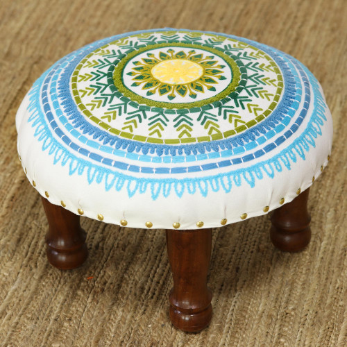 Floral Embroidered Cotton Stool from India 'Rajasthani Mandala'