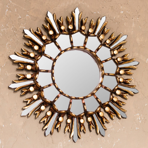 Handmade Bronze Gilded Cedar Wood Wall Mirror from Peru 'Shiny Sun'
