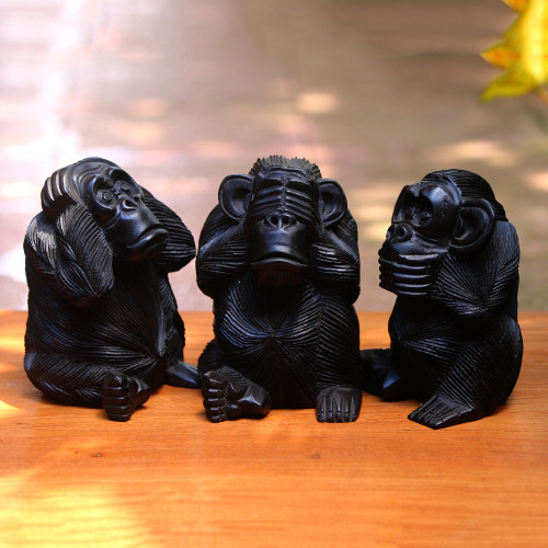 Hand-Carved Monkey Maxim Sculptures from Bali Set of 3 'Helpful Monkeys'