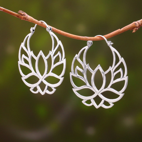 Sterling Silver Lotus Flower Hoop Earrings 1.5 inch 'Elegant Padma'