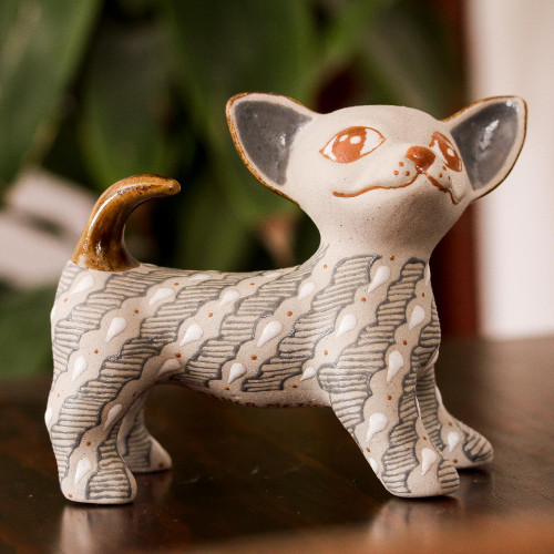 Handcrafted Grey and Beige Ceramic Chihuahua Dog Figurine 'Cheerful Chihuahua'