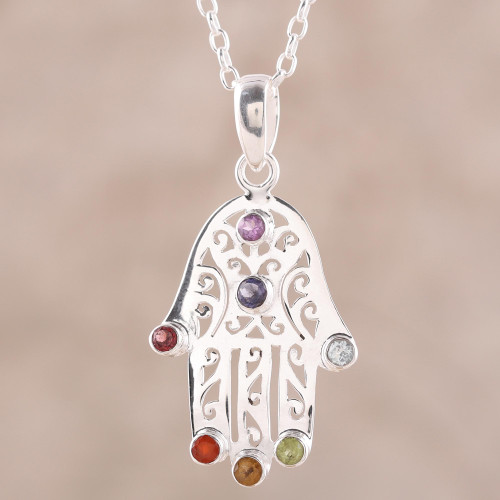 Multi-Gemstone Hamsa Chakra Pendant Necklace from India 'Hamsa Chakra'