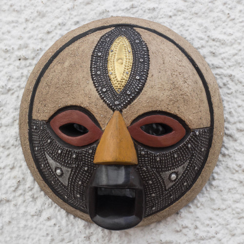 Round African Wood Mask with Brass and Aluminum Accents 'Third Eye'