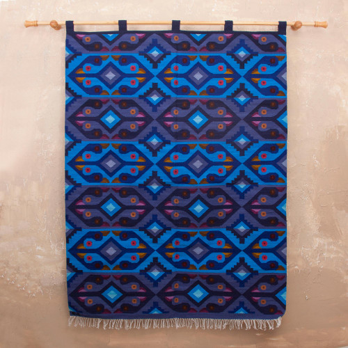 Wool tapestry 'Blue Roosters'