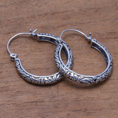 Patterned Sterling Silver Hoop Earrings from Bali 'Loop Tradition'