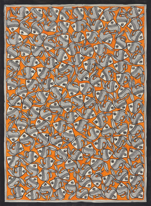 Madhubani Fish Painting in Orange from India 20.5x29 'Fish Harmony'