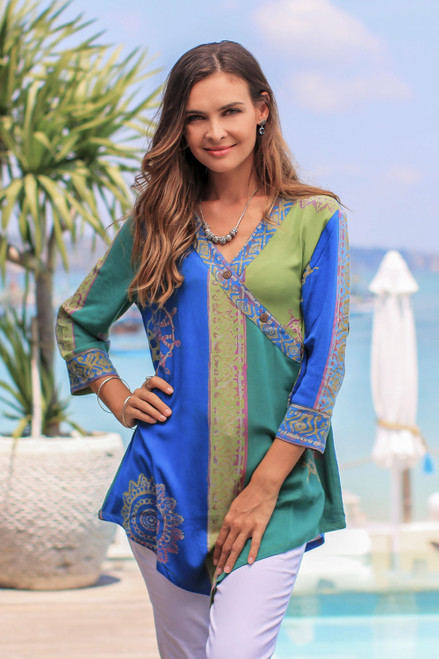 Green and Blue Hand Batik Textured Rayon Flowing Tunic 'Color Symphony in Green'