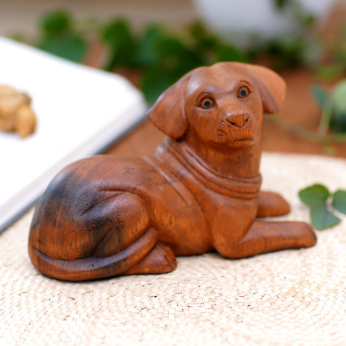 Hand-Carved Wood Dog Sculpture from Bali 'Best Boy'