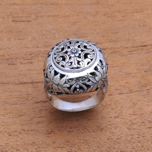 Floral Sterling Silver Domed Ring from Bali 'Garden Dome'