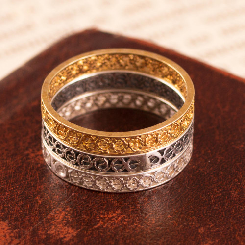Three Gold Plated and Sterling Silver Filigree Band Rings 'Colonial Trilogy'