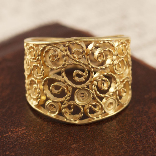 Gold Plated Sterling Silver Filigree Band Ring from Peru 'Colonial Swirl'