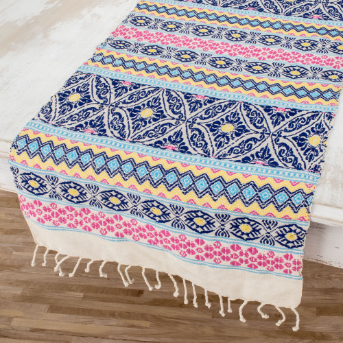 Handwoven Cotton Table Runner in Blue from Guatemala 'Guatemala is Life'