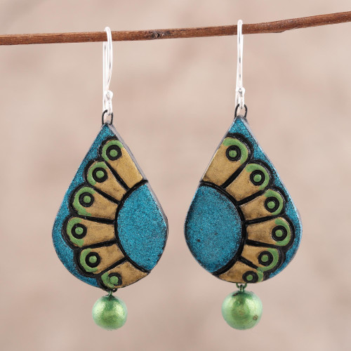 Hand-Painted Droplet Ceramic Dangle Earrings from India 'Feather Droplet'