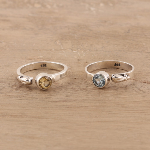 Citrine and Blue Topaz Mid-Finger Rings from India Pair 'Sparkling Duo'