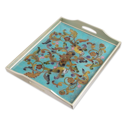 Rectangular Reverse-Painted Glass Tray from Peru 'Mystic Flora'