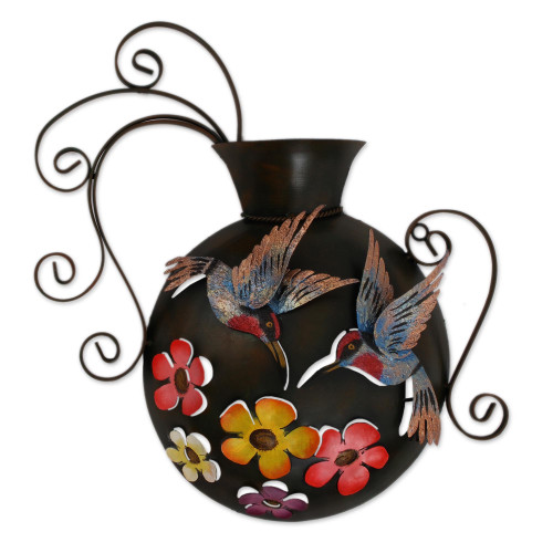 Floral Hummingbird Steel Wall Sculpture from Mexico 'Hummingbirds and Flowers'