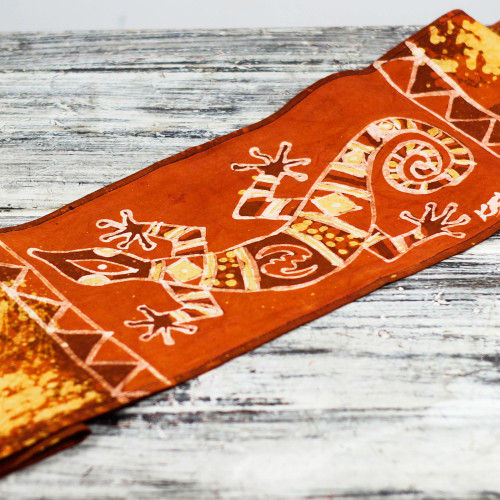 Gecko-Themed Batik Cotton Table Runner from Ghana 'Tangerine Gecko'