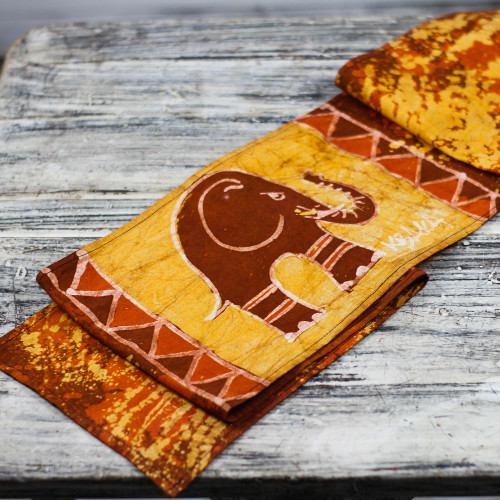 Elephant-Themed Batik Cotton Table Runner from Ghana 'Elephant Wrap'