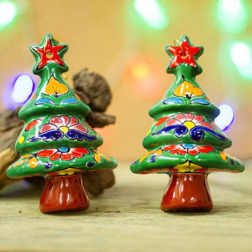 Floral Ceramic Christmas Tree Ornaments from Mexico Pair 'Talavera Celebration'