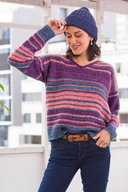 Multi-Color Stripe Alpaca Blend Long Sleeve V-Neck Sweater 'Mesa Sunrise'