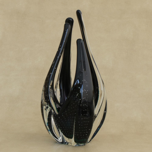 Hanblown Abstract Art Glass Sculpture from Brazil 'Black Points'