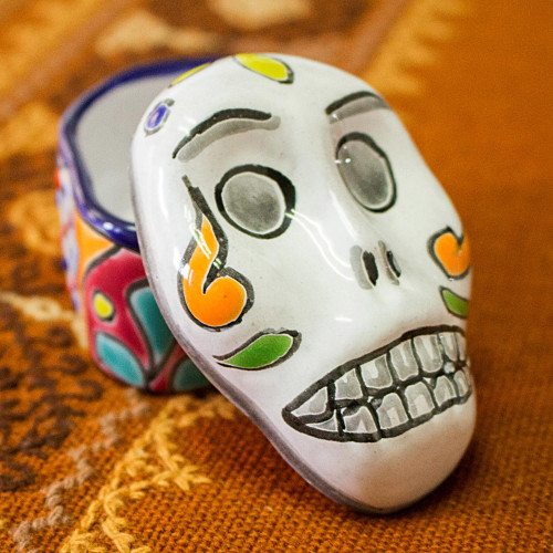 Skull-Shaped Talavera-Style Ceramic Decorative Box 'Calavera Keeper'