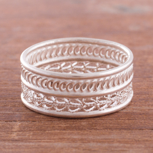 Curve Pattern Sterling Silver Filigree Band Ring from Peru 'Legendary Curves'