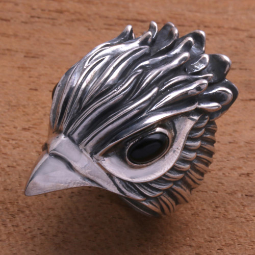 Men's Obsidian and Sterling Silver Hawk Ring from Bali 'Sharp Hawk'