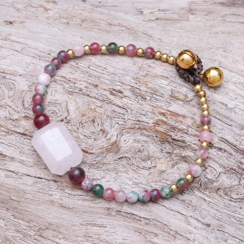 Rose Quartz and Agate Beaded Pendant Bracelet from Thailand 'Magical Day'