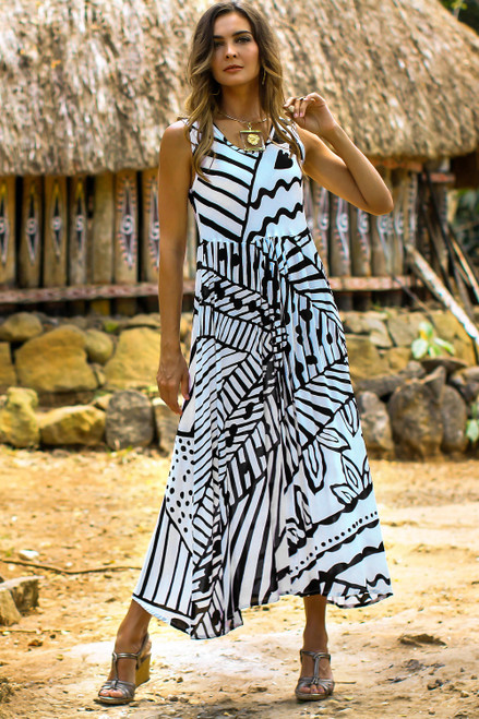 Onyx and Eggshell Rayon A-Line Dress from Bali 'Black and White Jungle'