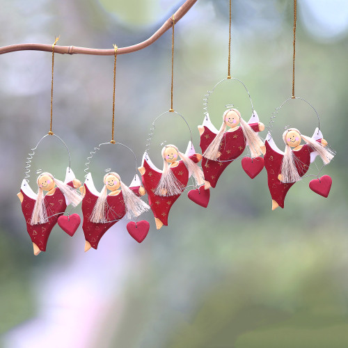 Heart-Themed Wood Angel Ornaments in Red Set of 5 'Angels Giving Love'