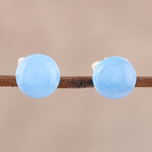 Round Blue Chalcedony Stud Earrings from India 'Gemstone Orbs'