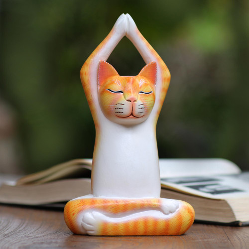 Orange Suar Wood Asana Pose Yoga Cat Sculpture from Bali 'Toward the Sky Orange Yoga Cat'