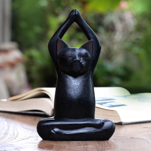 Black Suar Wood Asana Pose Yoga Cat Sculpture from Bali 'Toward the Sky Black Yoga Cat'