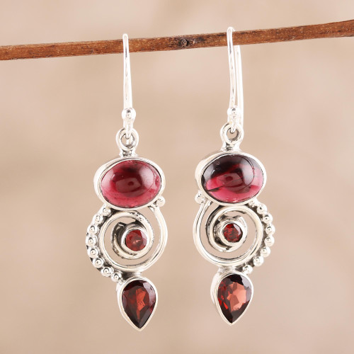 Garnet and Sterling Silver Spiral Dangle Earrings 'Fiery Labyrinth'