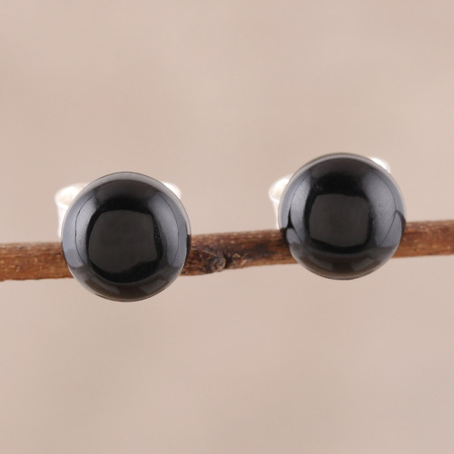 Round Black Onyx Stud Earrings from India 'Gemstone Orbs'