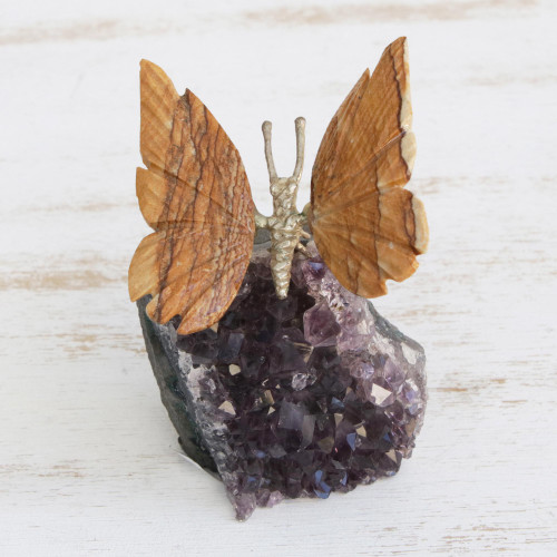 Jasper and Amethyst Butterfly Gemstone Figurine from Brazil 'Earthen Wings'