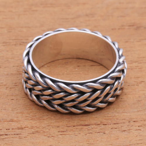 Foxtail Pattern Sterling Silver Band Ring from Bali 'Foxtail Twins'