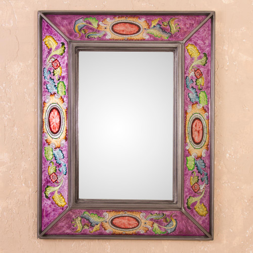 Floral Reverse-Painted Glass Wall Mirror in Purple from Peru 'Floral Medallions in Purple'