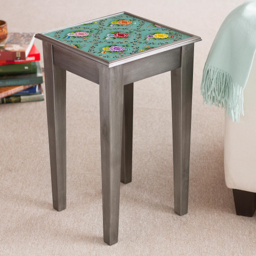 Floral Reverse-Painted Glass Accent Table from Peru 'Roses of Spring'