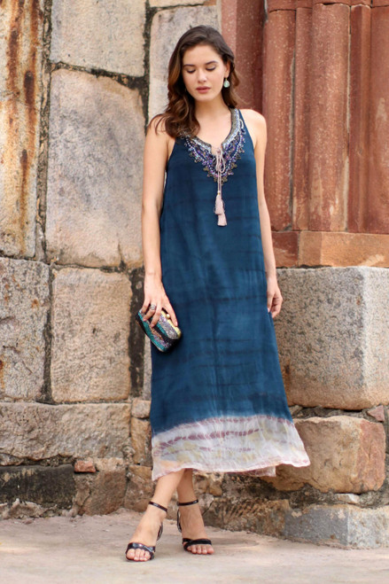 Tie-Dyed Viscose Sundress in Azure from India 'Delhi Azure'