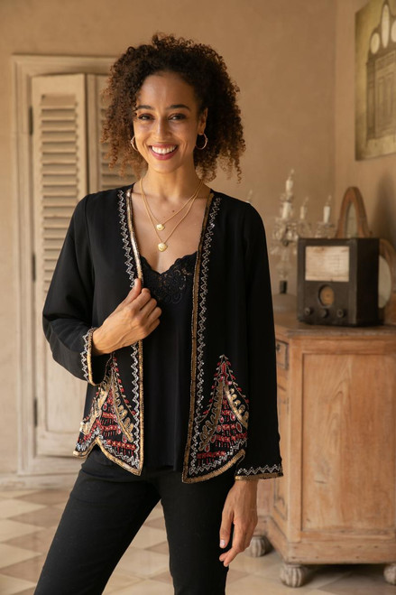 Black Jacket with Metallic Beadwork from India 'Midnight Glitz'