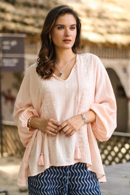 Embroidered Cotton Blend Tunic in Peach from India 'Peach Glamour'