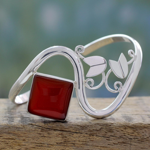 Sterling Silver Cuff Bracelet with Carnelian Floral Jewelry 'Arabesque'