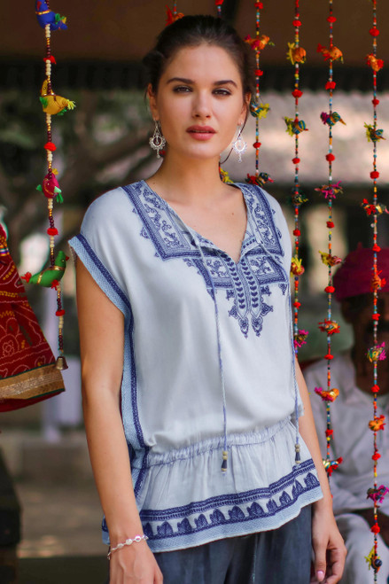 Light Blue Embroidered Viscose Blouse 'Jaipur Chic'