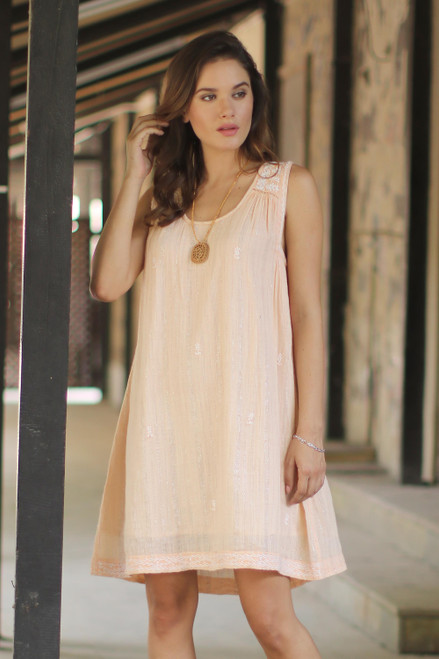 Short Cotton Lined Peach Dress with Hand Embroidery 'Glorious Peach'