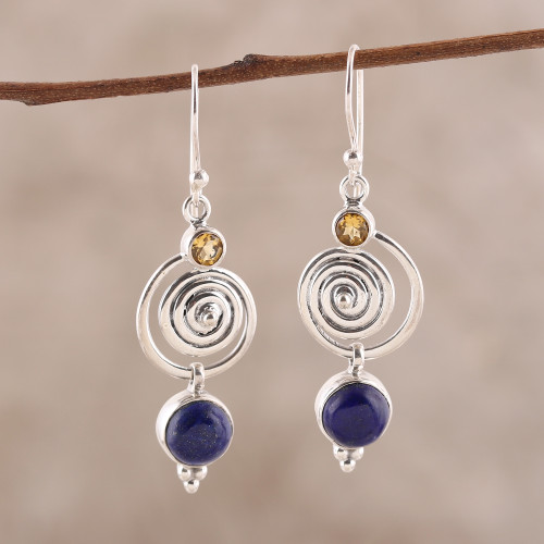Swirl Pattern Lapis Lazuli and Citrine Dangle Earrings 'Gemstone Swirl'