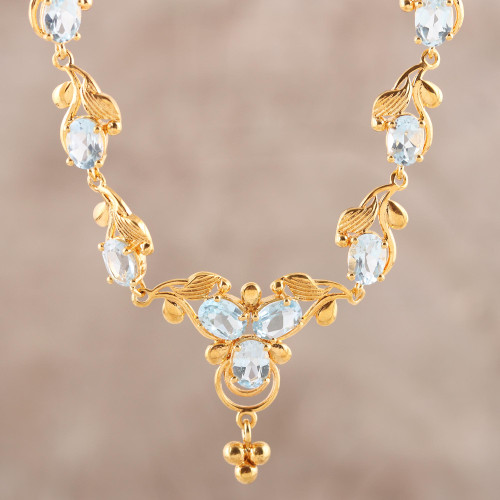 Gold Plated 15-Carat Blue Topaz Link Necklace from India 'Azure Glitter'