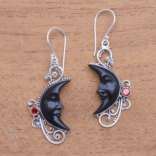 Garnet and Black Horn Crescent Moon Dangle Earrings 'Face of Midnight'